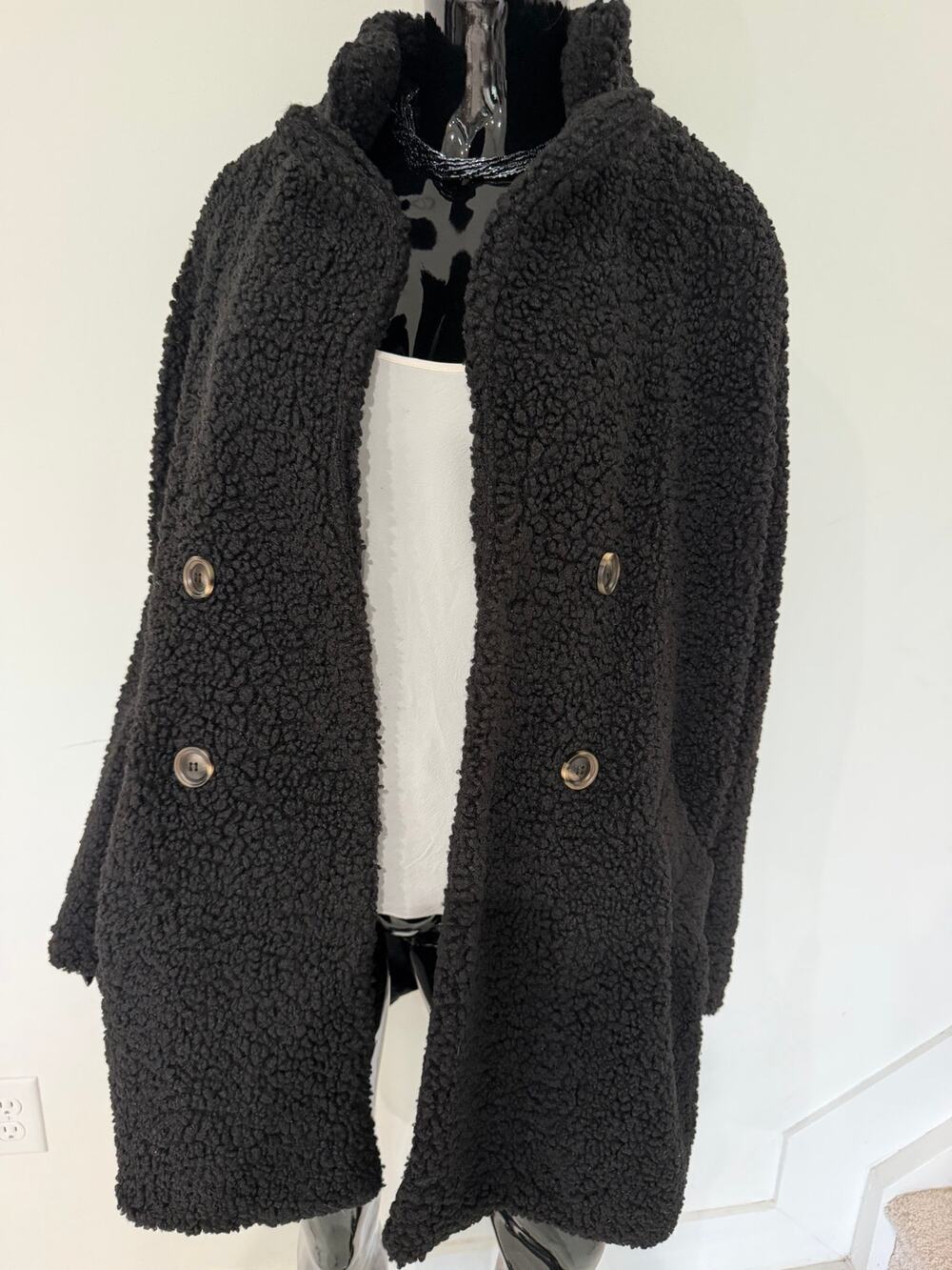 Fashion Nova Black Teddy Sherpa Coat Women’s M Double Breasted Longline Jacket